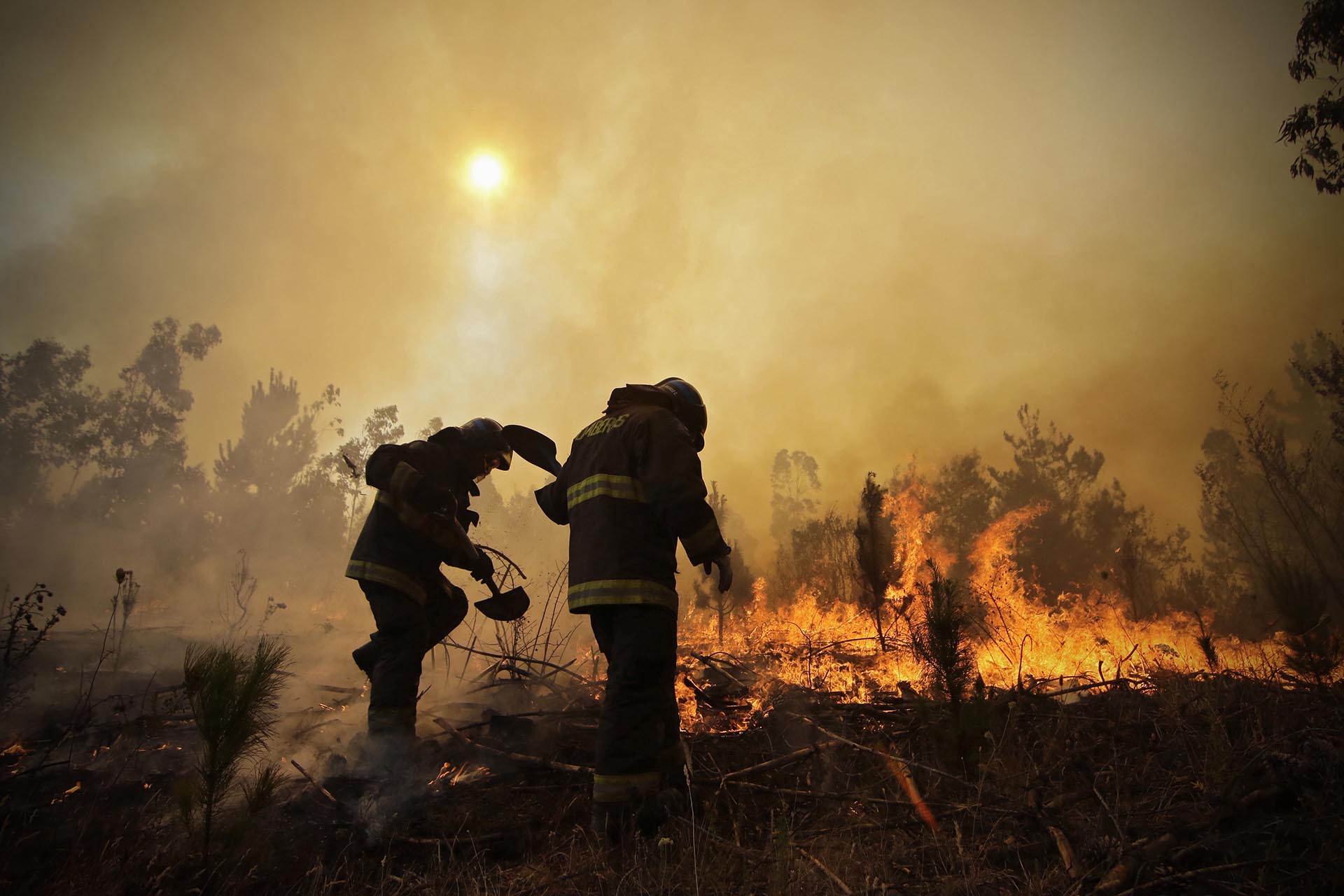 Firefighters dig trenches in a effort to stop the advancement of a forest fire in Hualañe, a community in Concepcion, Chile, Wednesday, Jan. 25, 2017. The worst forest fires in Chile's history were uncontrolled on Wednesday, killing a firefighter and two policemen caught in the flames as they tried to help families in rural communities, authorities said. (Alejandro Zoñez/Aton via AP) NO PUBLICAR EN CHILE