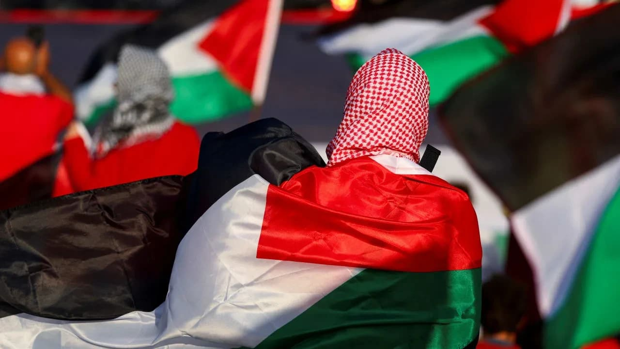 Perosna de espaldas con una bandera palestina
